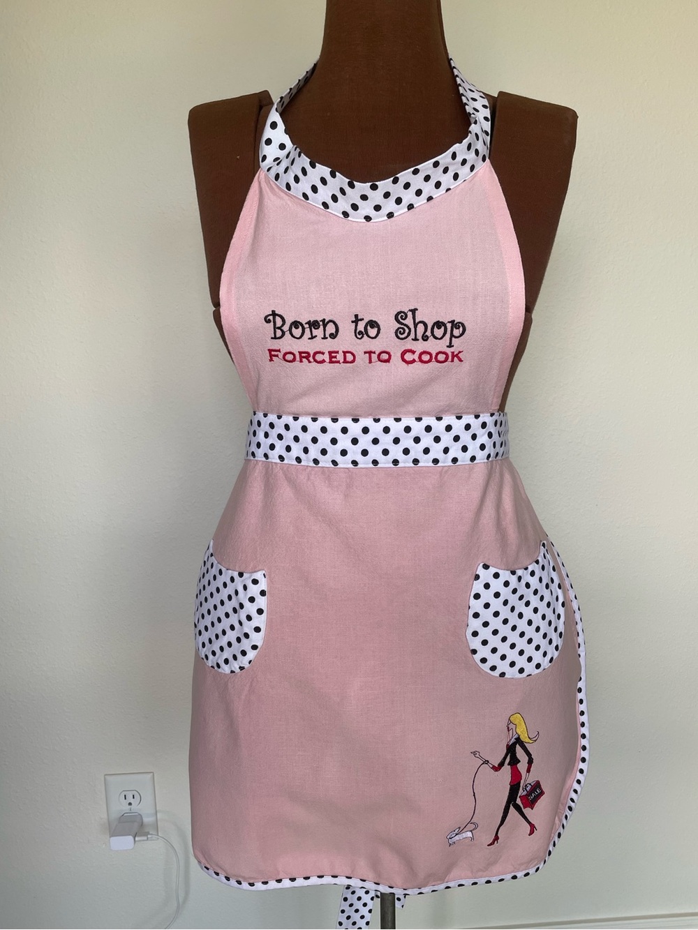 Pink Polka Dot 'Born to Shop' Apron